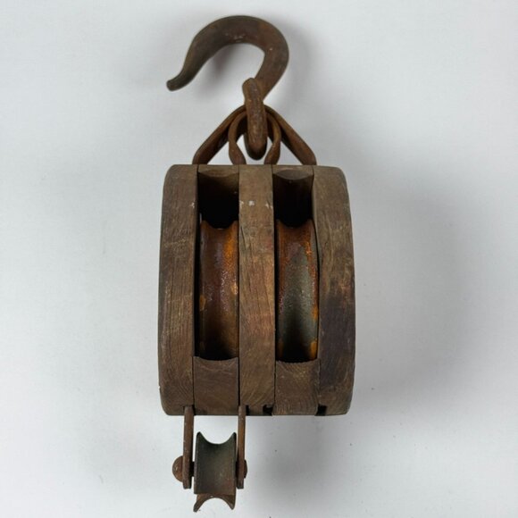 Antique Wooden Double Pulley Block w/ Metal Hook Rustic Farmhouse Barn Decor - Picture 9 of 14